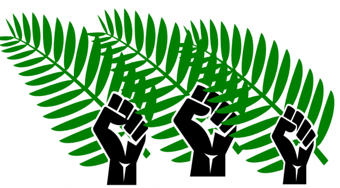 drawing of raised fists, holding palm fronds
