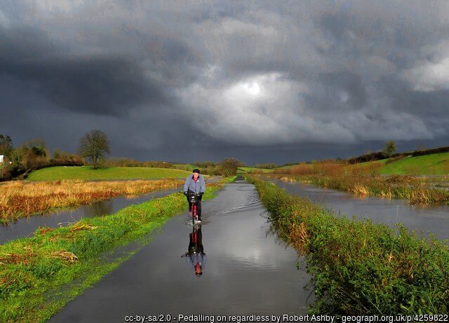 bicycle and cyclist in storm