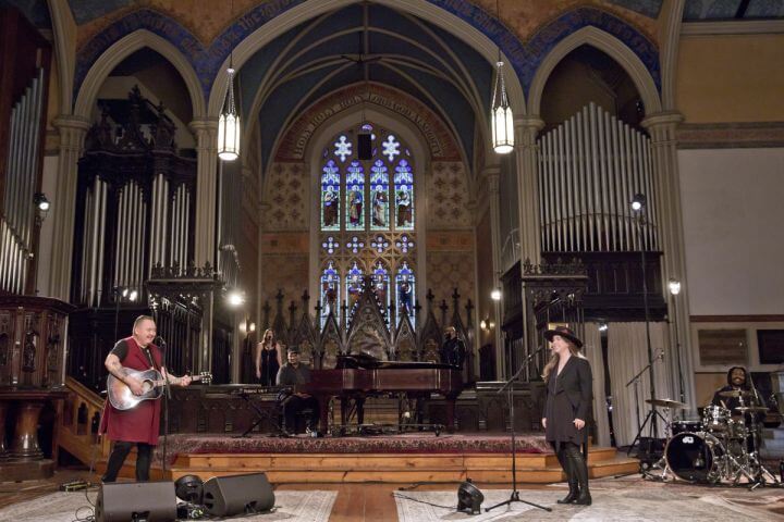 William Prince and Serena Ryder recording a music video for the Junos at Holy Trinity in 2020