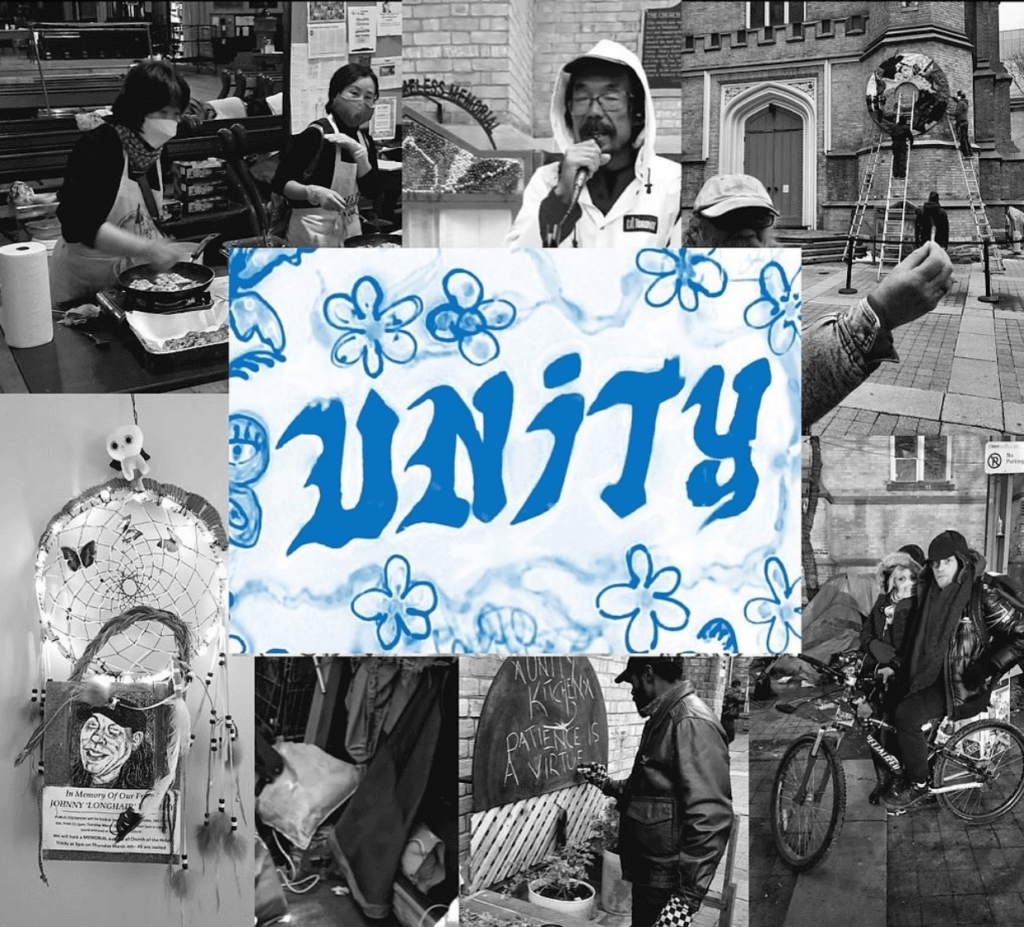 collage of people in black and white photos preparing food, hanging art and speaking. In the centre foreground is the word "UNITY" in blue surrounded by hand-drawn flowers.