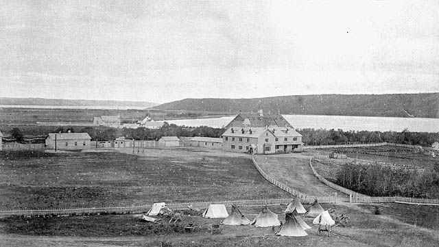 Teepees set up near Qu'appelle Indian school 1885
