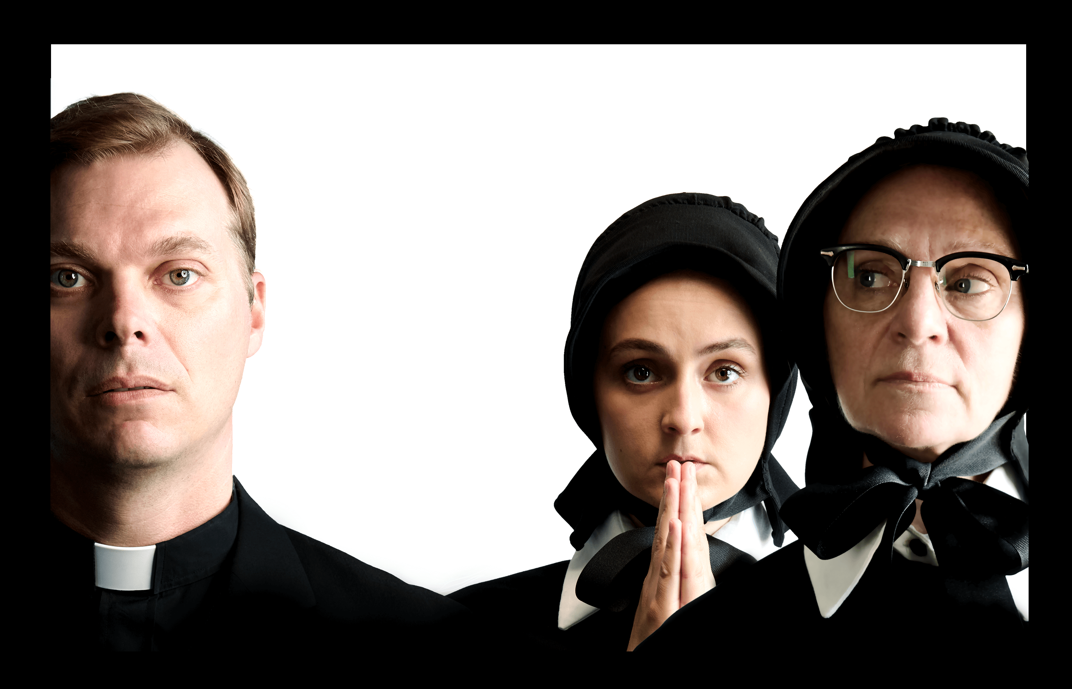 A priest and two nuns look forward at the viewer