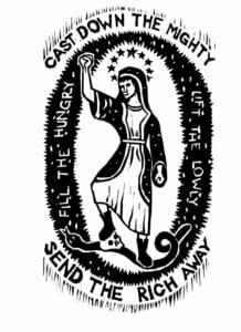 Mary, stars, and serpent surrounded by text: "cast down the mighty, fill the hungry, lift the lowly, send the rich away"